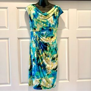 Connected Apparel abstract print, bodycon stretch short sleeve dress, size 8